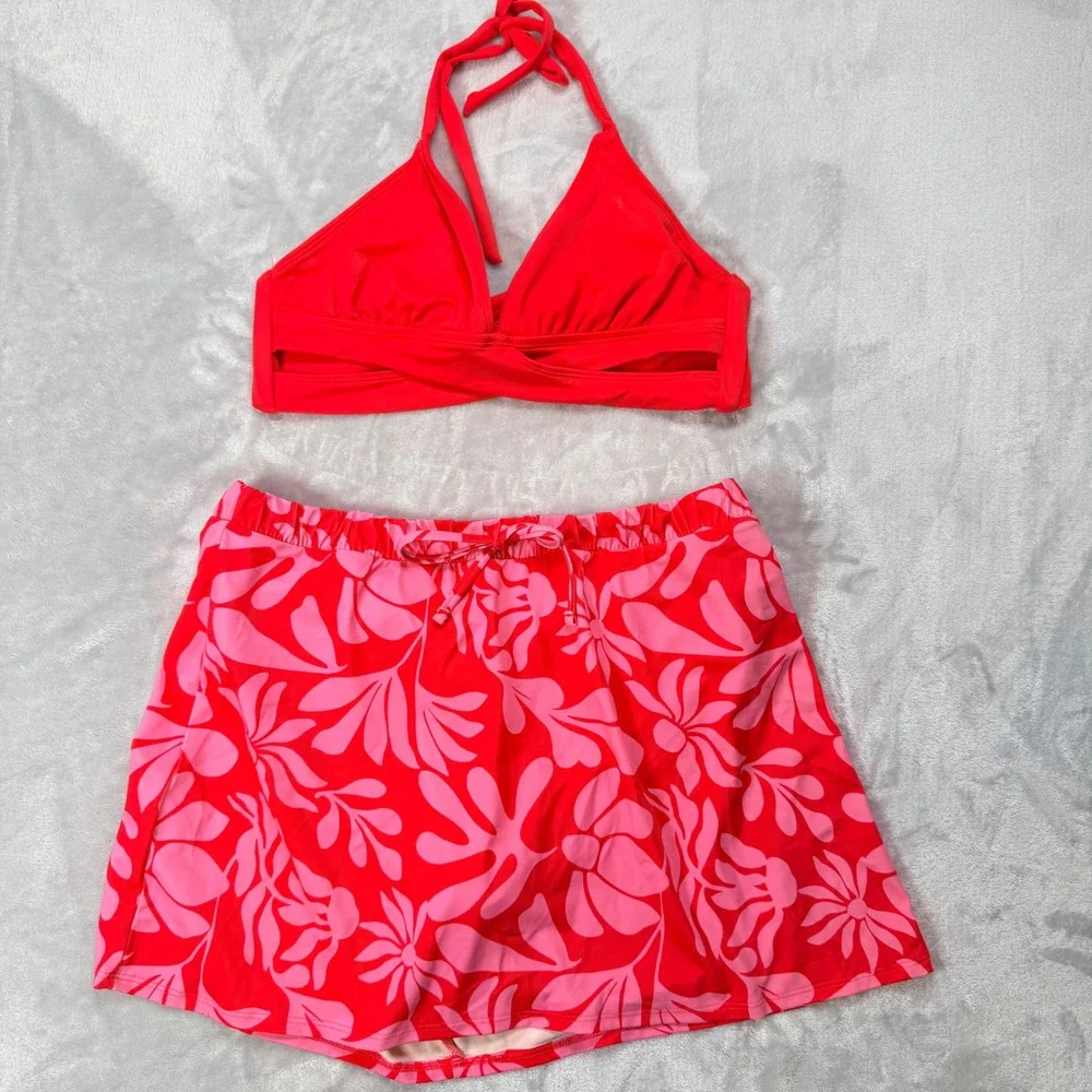 Shade & Shore Red Floral Swim Skirt and Halter Bikini Top Set Size Medium